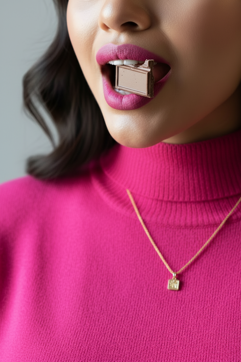 Modelo con suéter rosa
